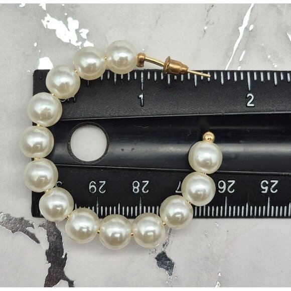 Unique White Faux Pearl Large Statement Hoop Earrings Pierced 1.5" - Picture 7 of 7